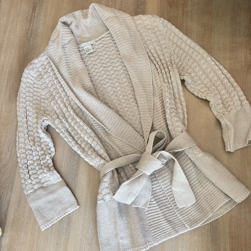 H&M Beige Knit Shawl Neck Tie Front Sweater 3/4 Sleeves, XS